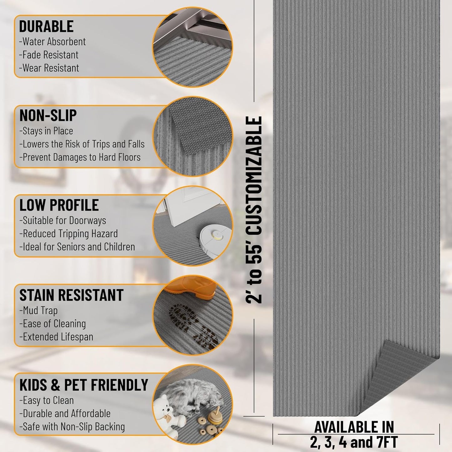 Ottomanson 6'6" x 12' Mud Mat Area Rug Scraper Carpet - Non-Slip, Dirt Trapping for Indoor & Outdoor Use - Ideal for Entryway, Garage, Kitchen, Patio & High-Traffic Areas, Gray