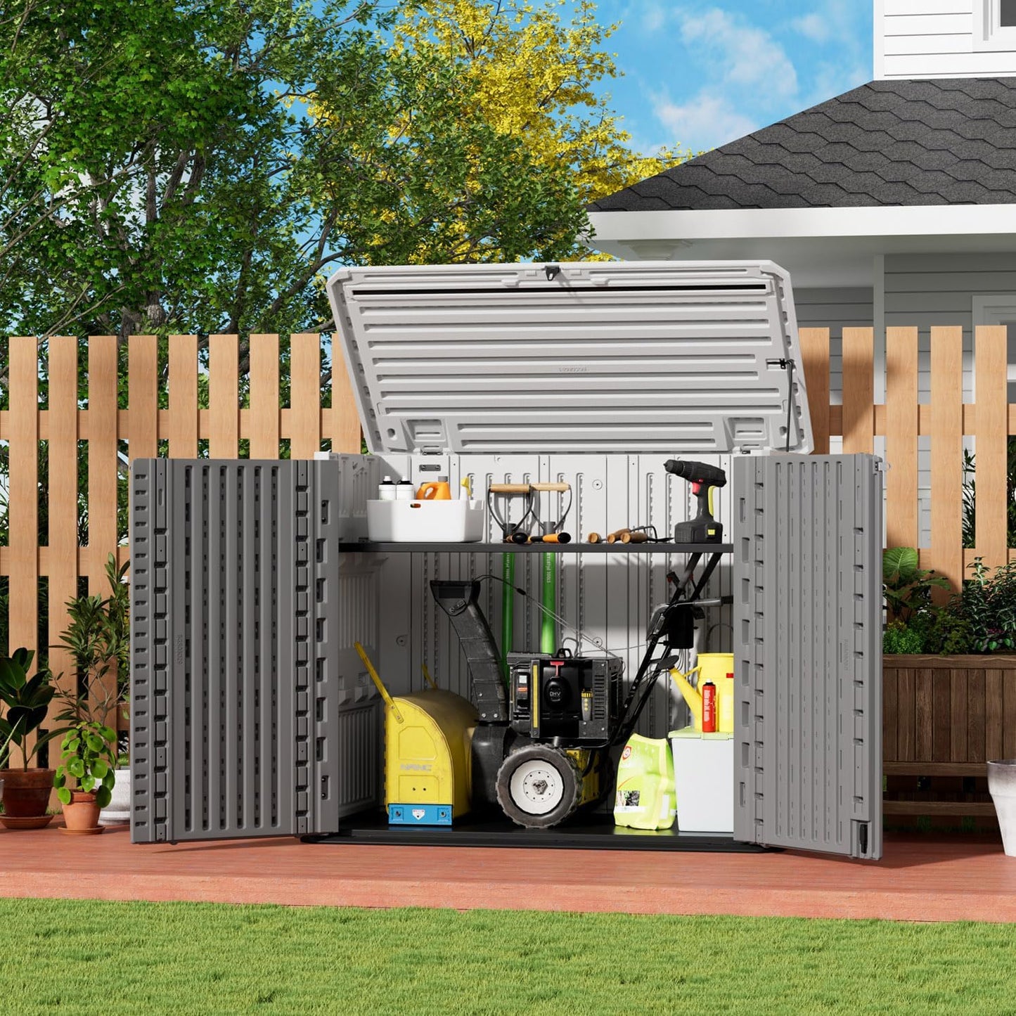 ZZM Outdoor Storage Shed Diamond Texture 4x3FT Horizontal Shed | 34 Cu.Ft Waterproof Resin Cabinet with Double-Wall | UV-Resistant & Lockable for Garden Tools, Bikes, Patio Furniture (Grey-White)