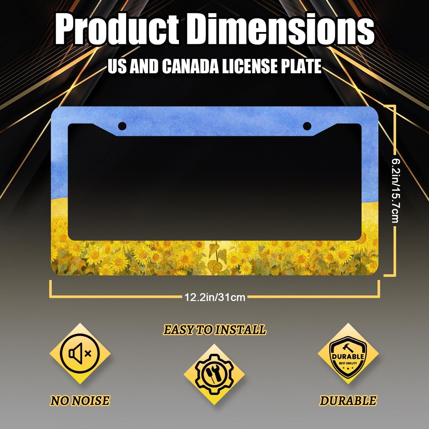 Sunflowers License Plate Frame Watercolor Yellow Floral License Plate Holder Colorful Stainless Steel Flowers Car Accessory Funny License Plate Decoration Size 12.2"x 6.2" with Screws