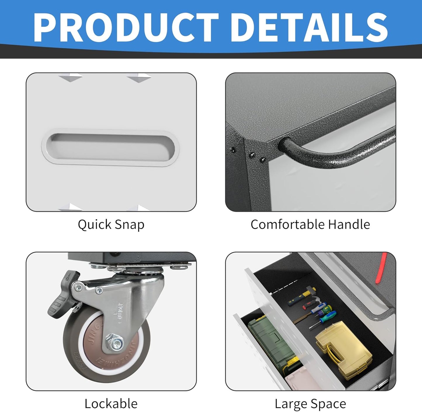 Metal Storage Cabinet with Wheels, Rolling Tool Cabinet, Garage Storage Cabinet with 3 Drawer for Tools, Assembly Required (Black/Grey)