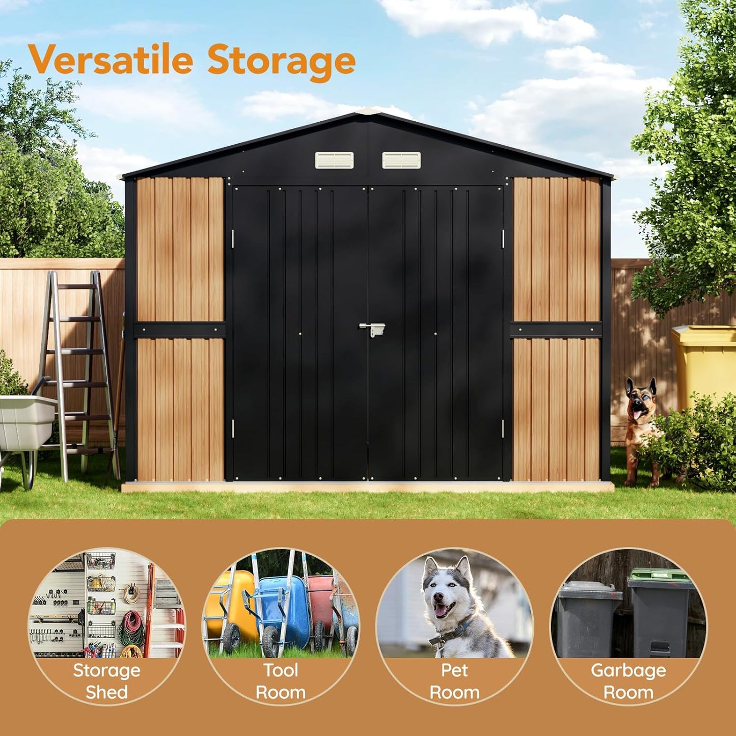10X12 FT Outdoor Steel Storage Shed with Lockable Doors, 2 Windows, Garden Shed Ideal for Backyard, Patio Storage,Chicken Coop(Wood Panels & Frame Floor Not Included)