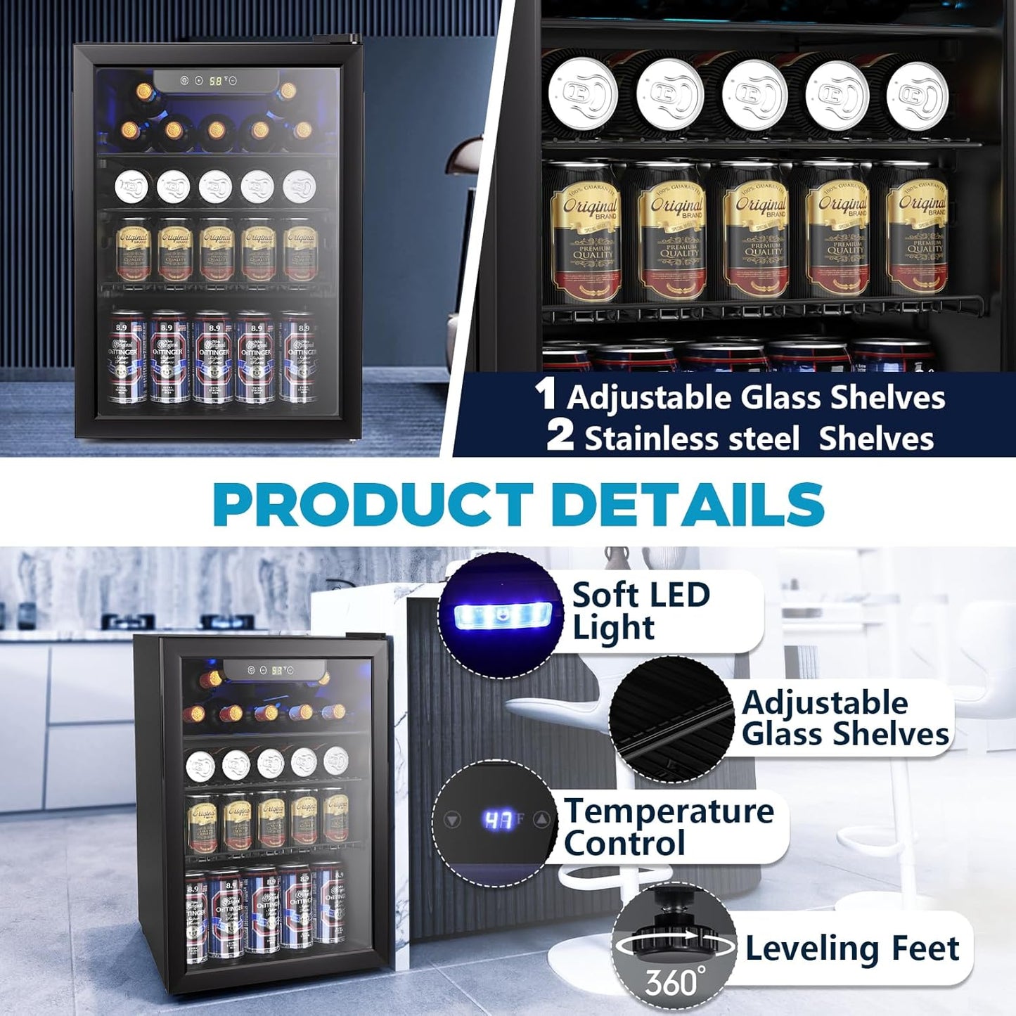 26 Bottle Wine Cooler, 95 Cans Beverage Refrigerator, 2.6 cu.ft Drink Fridge Digital Temperature Control for Beer, Soda,Water, Drink Cooler for Home Office Bar