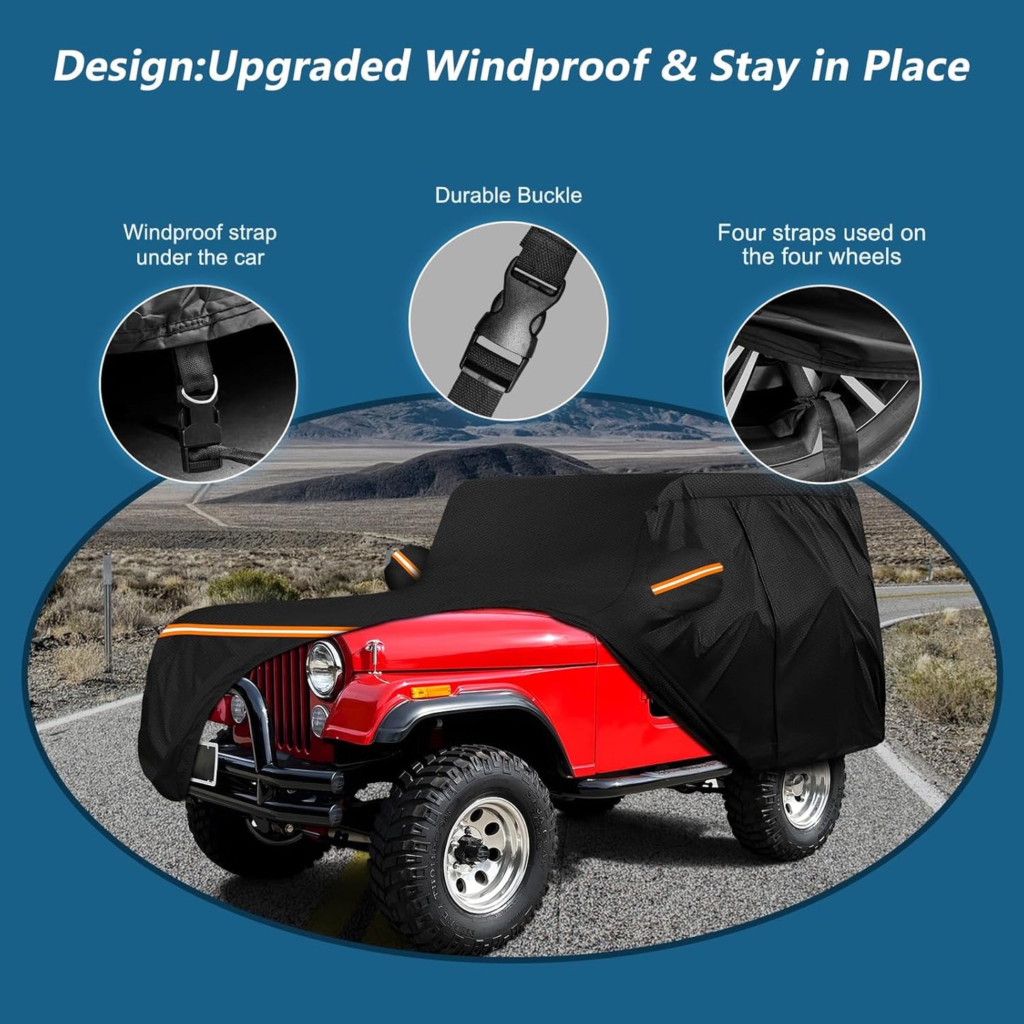 Car Cover for Jeep CJ5 1955-1983, Waterproof 210D Oxford Cloth and Cotton Cover Outdoor Full Car Covers with Zipper Windproof Heavy Duty All Weather with Wind, Sun, UV and Dust Protectio
