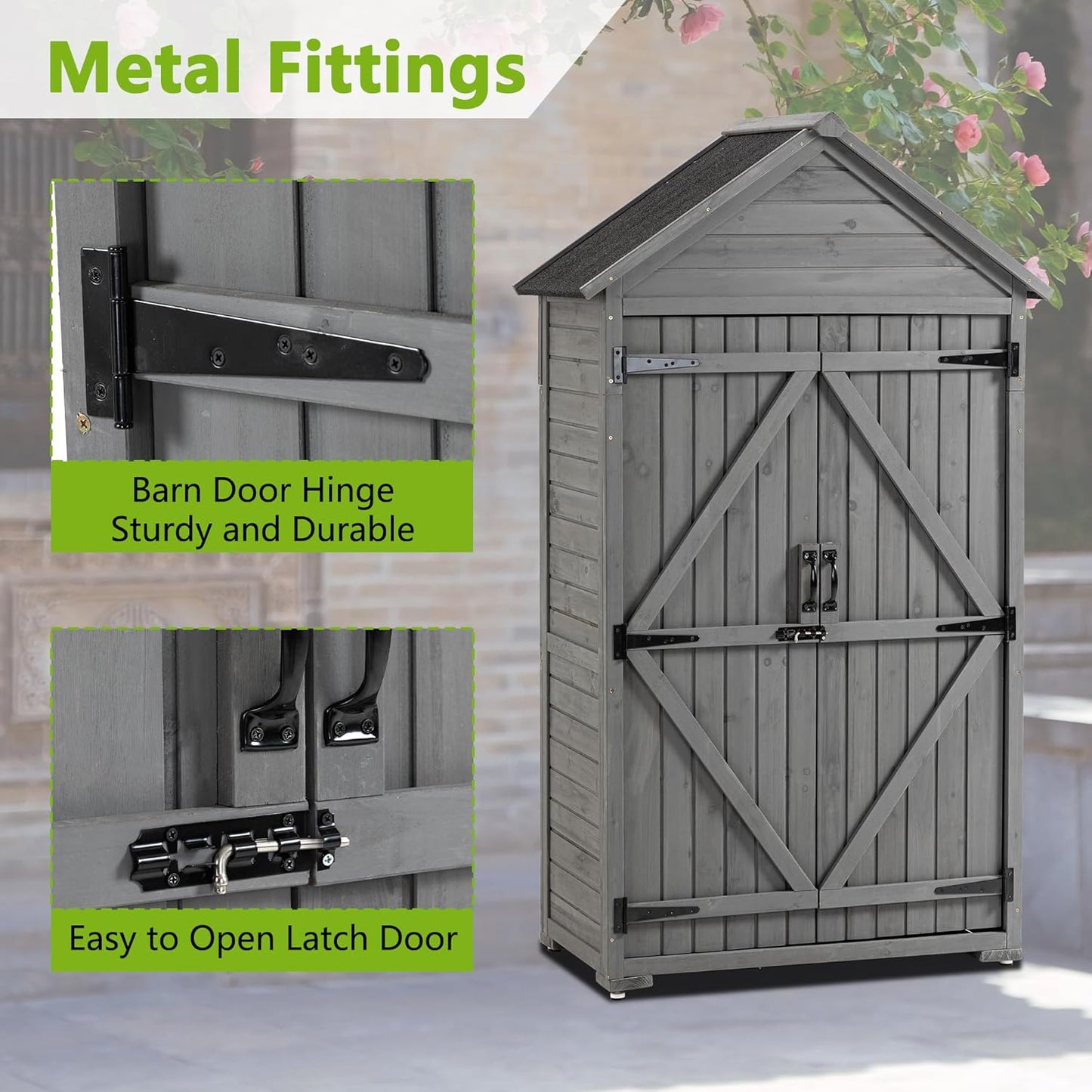 39.56"x 22.04"x 68.89" Outdoor Storage Cabinet with Removable Shelves, Waterproof Roof, and Adjustable Feet - Fir Wood Garden Tool Shed for Yard, Patio, Deck, and Garage,Grey