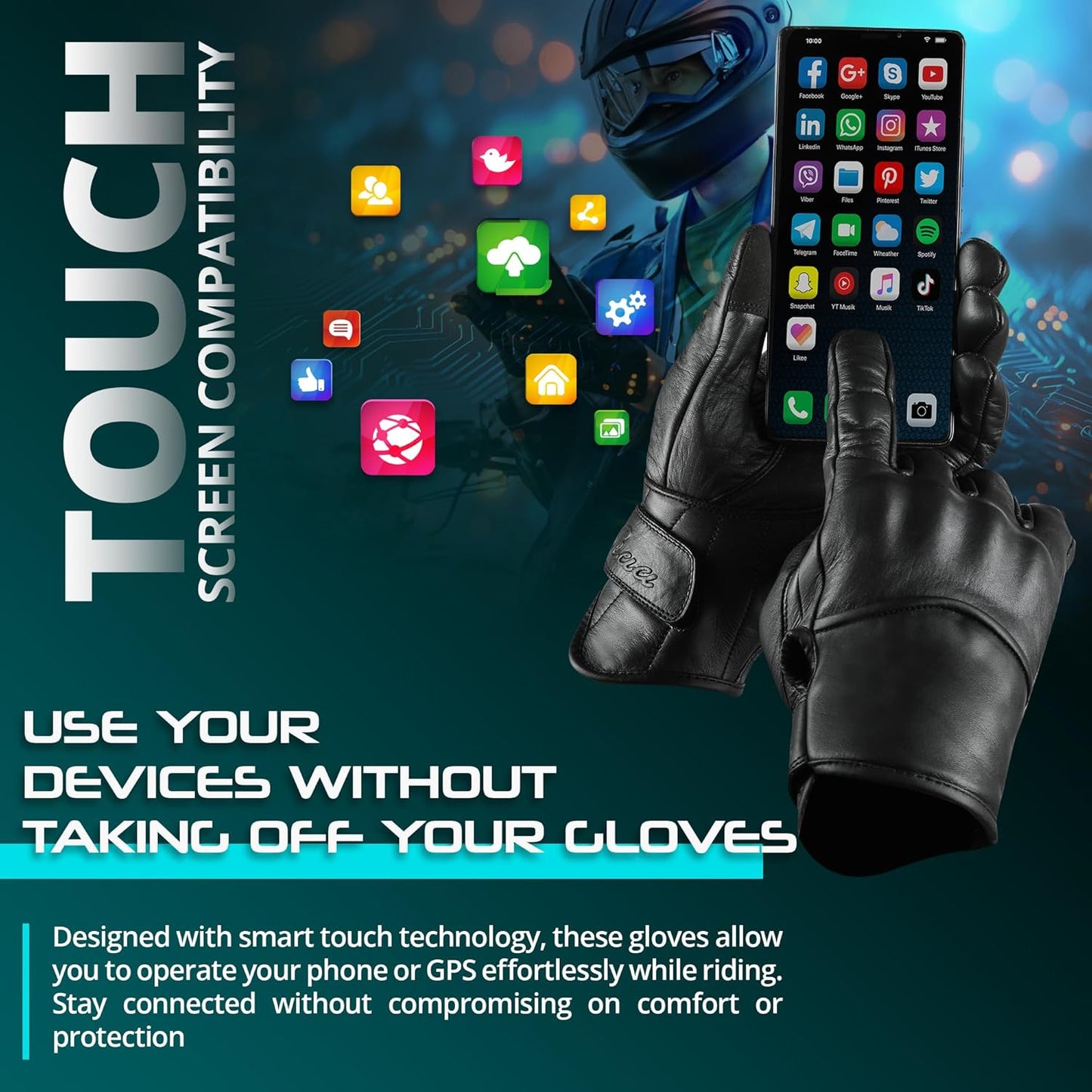 aasportx Motorcycle Gloves - Men's Leather Motorbike Gloves with Touchscreen Function - Non-Slip Pads for Men & Women