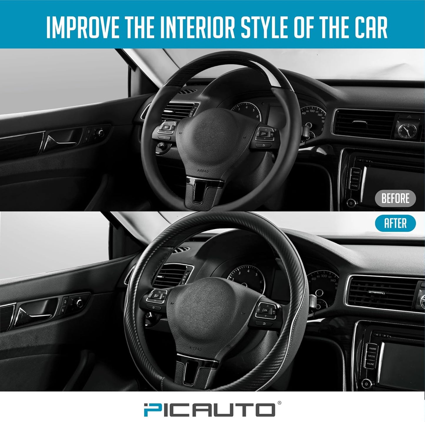 PIC AUTO Steering Wheel Cover, Gray Piping Leather, Sports Carbon Fiber and Super Breathable Leather, Universal 14.5-15.5 Inch Anti-Slip Steering Wheels Accessories for Men & Women