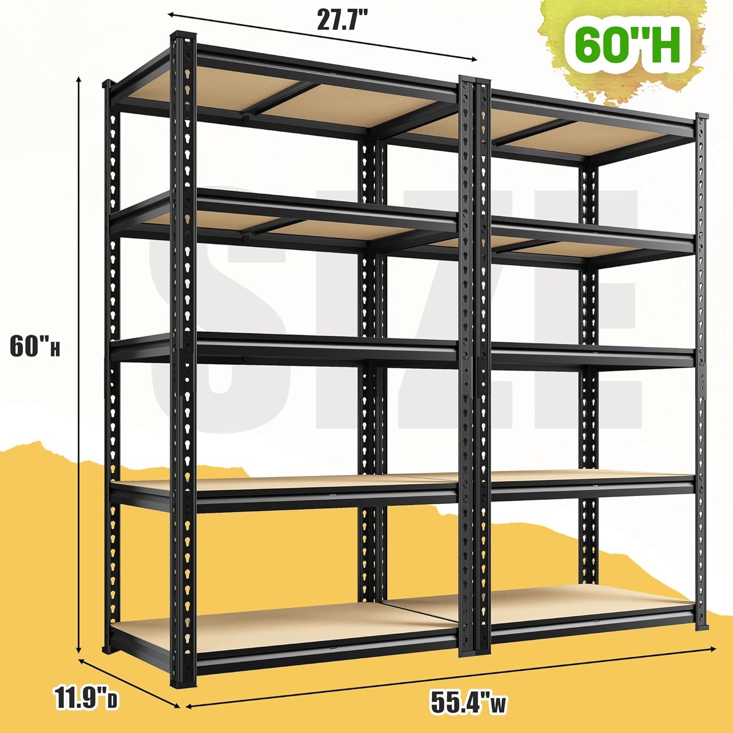 Set of 2 Storage Shelves, 27.7"W Metal Shelving 2010LBS Garage Shelving Heavy Duty Garage Shelves Adjustable Metal Shelf for Pantry Kitchen Closet Basement Warehouse 11.9"D × 27.7"W × 60"H