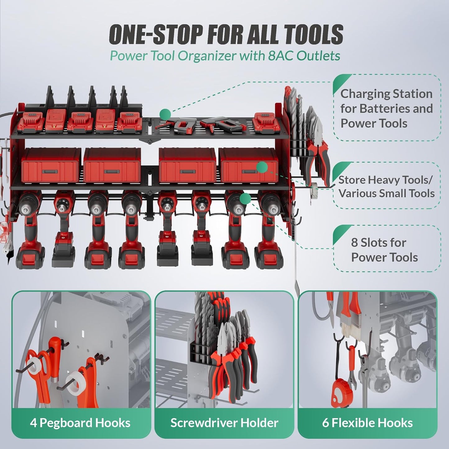 Suchtale Power Tool Organizer with Charging Station,33.2" Garage 8 Drill Holders Wall Mount,3 Layers Heavy Duty Metal Tool Shelf Built in 8 Outlets Power Strip, Gift for Men, Father, Red