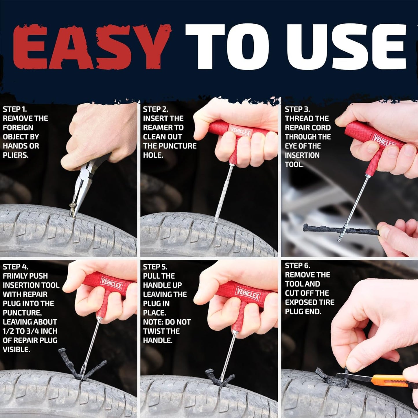 Vehiclex Tire Repair Kit for Plug and Patch with Aluminum Handled Tools - Emergency Kit with Pliers in Zippered Bag for Car, Motorcycle, ATV, Tractor, Lawn Mower