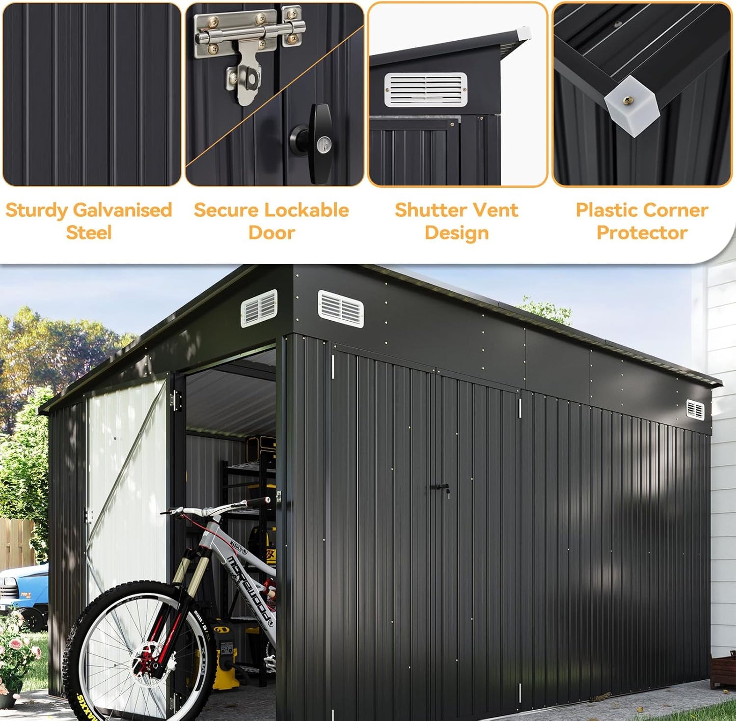 Aoxun 11.5’x7.5’ Shed Outdoor Storage Shed with Triple Lockable Door Metal Storage Cabinet with Slopping Roof for Tools Bicycles Storage for Garden, Patio, Courtyard