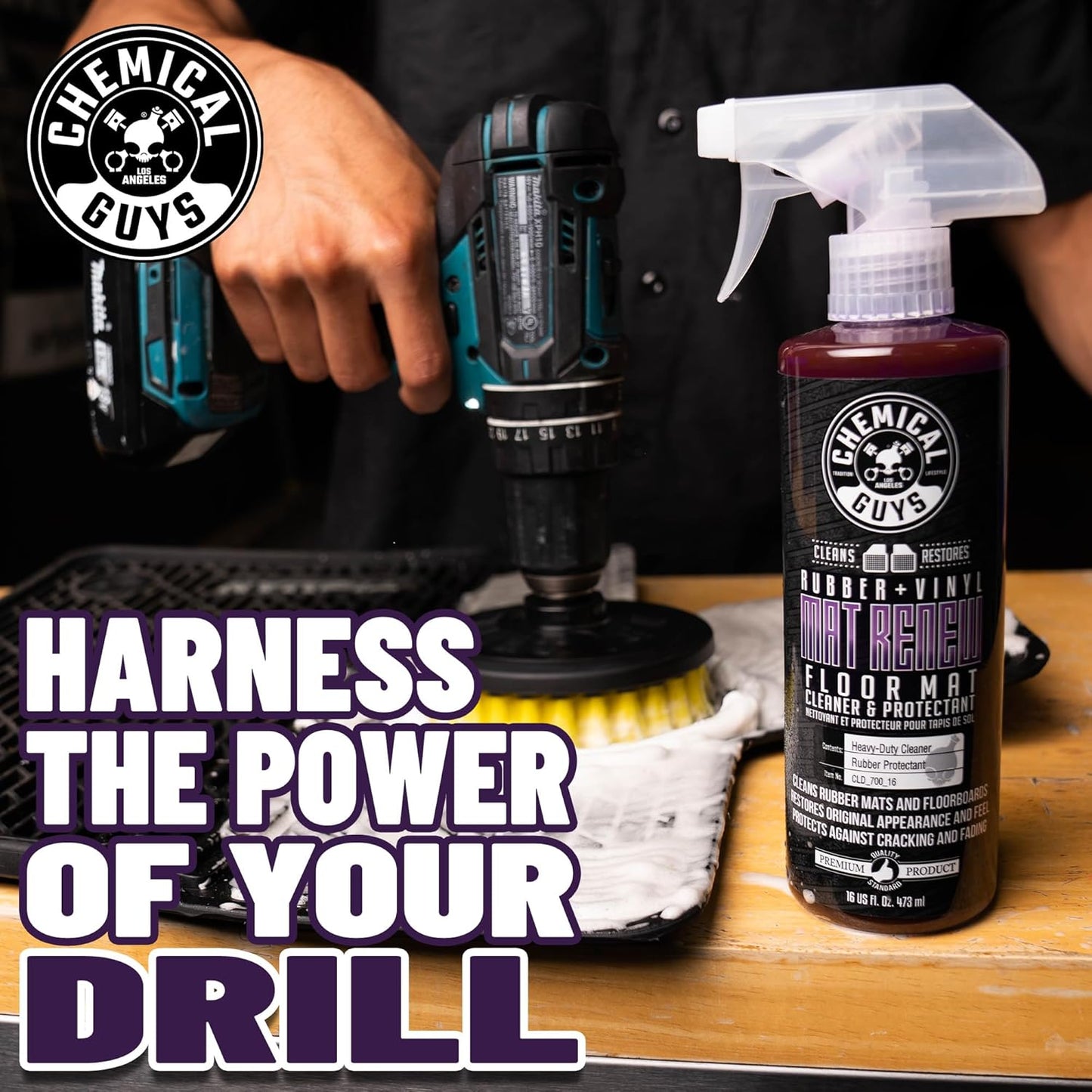 Chemical Guys HOL70016 Heavy Duty Floor Mat Cleaning Kit with Mat Renew Rubber + Vinyl Floor Mat cleaner and Protectant (16 fl oz), Drill Brush Attachment, & Workhorse Towels, 5 Item Kit