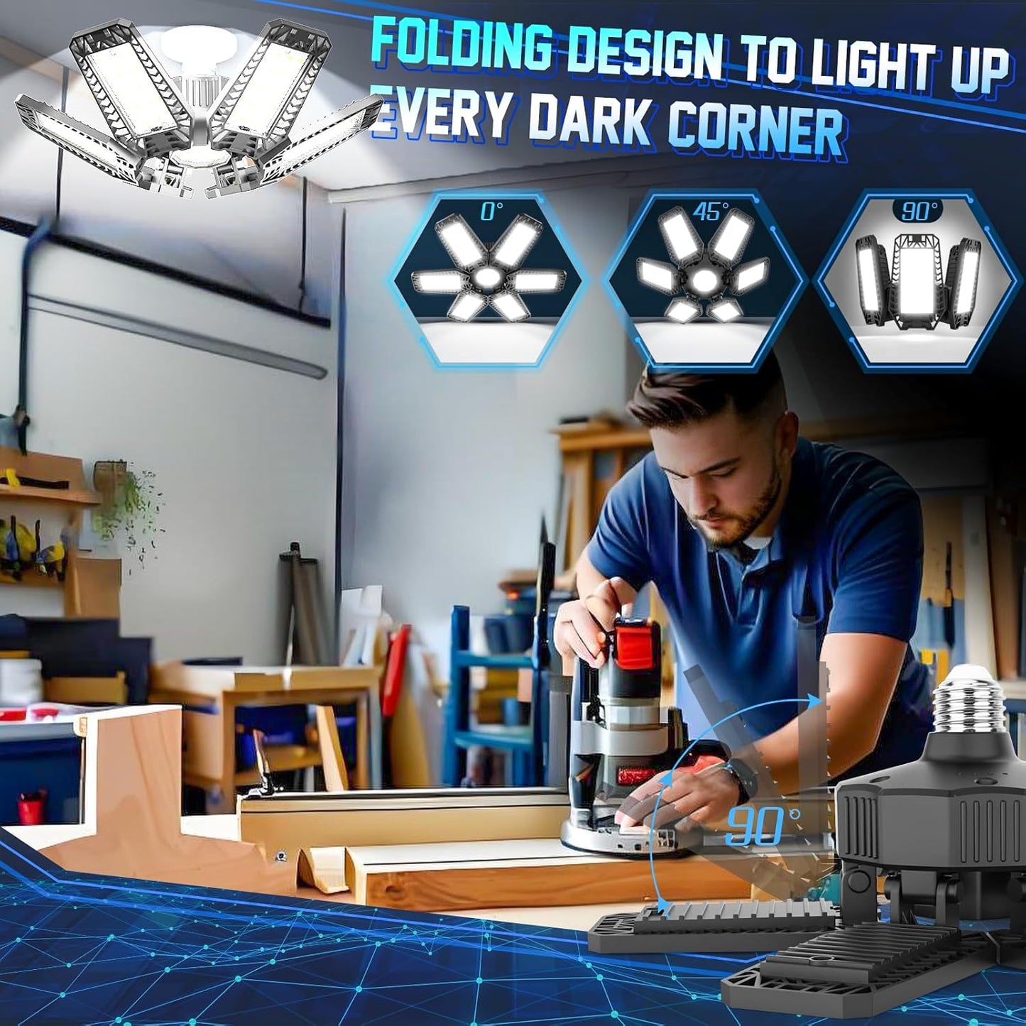 ISKYDRAW Garage Lights - 4 Pack 200W Garage Lights Bulb Bright 20000LM 6500K Garage Light Ceiling LED with 6 Deformable Panels, E26 E27 Socket Screw in Shop Lighting for Basement Barn Attic