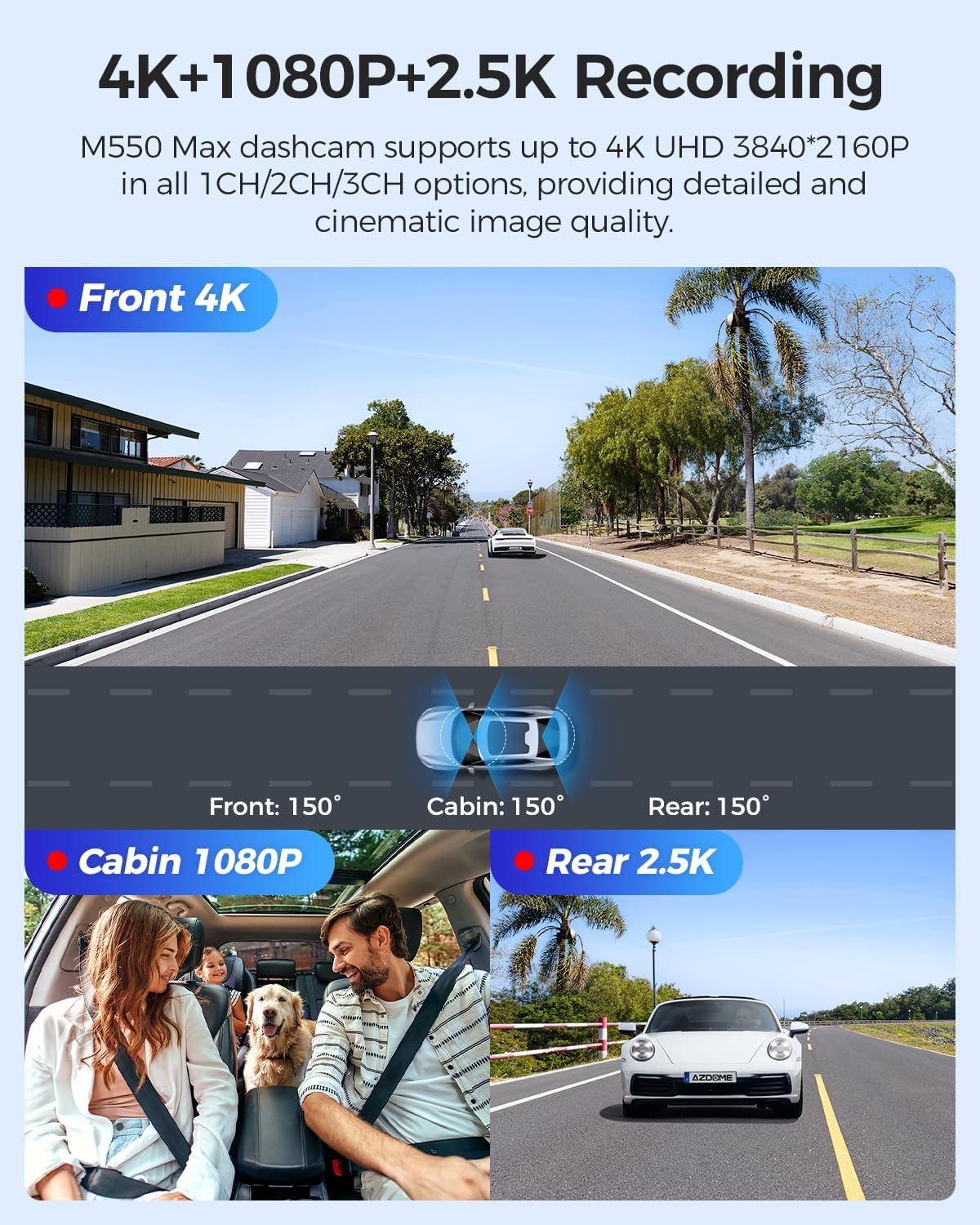AZDOME M550 Max 4K 3 Channel Dash Cam, Dual STARVIS Sensors, 4K+2.5K+1080P Front and Rear Inside Triple Car Camera, Built-in WiFi GPS, 64GB Card Included, IR Night Vision, WDR, 24H Parking Mode