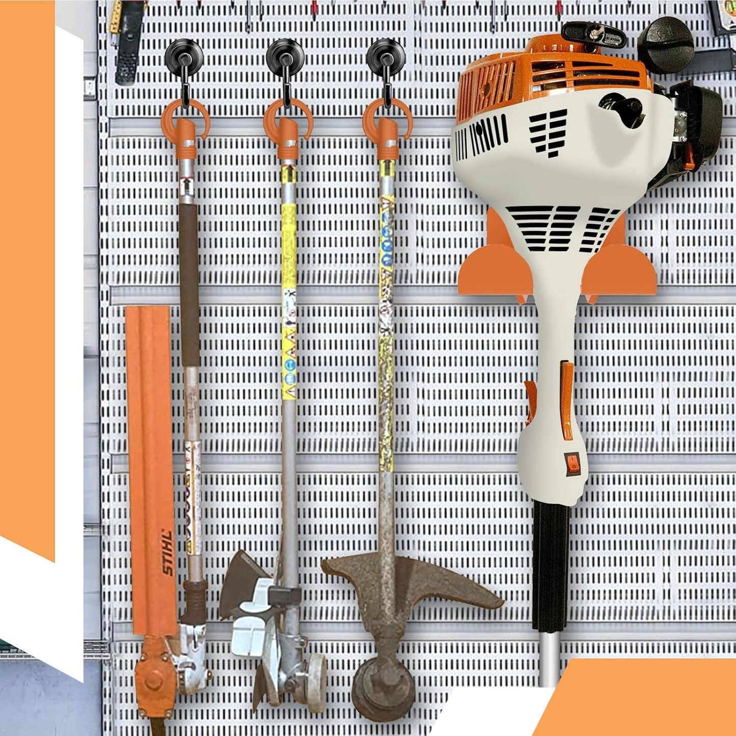 3 Pack Heavy Duty Garage Storage Hooks + 1 Pack Trimmer Rack Compatible with Stihl Kombi Attachments, Garden Power Tool Holder Organizer Hangers for Grass Trimmer, Hedge Trimmer, Garage Wall