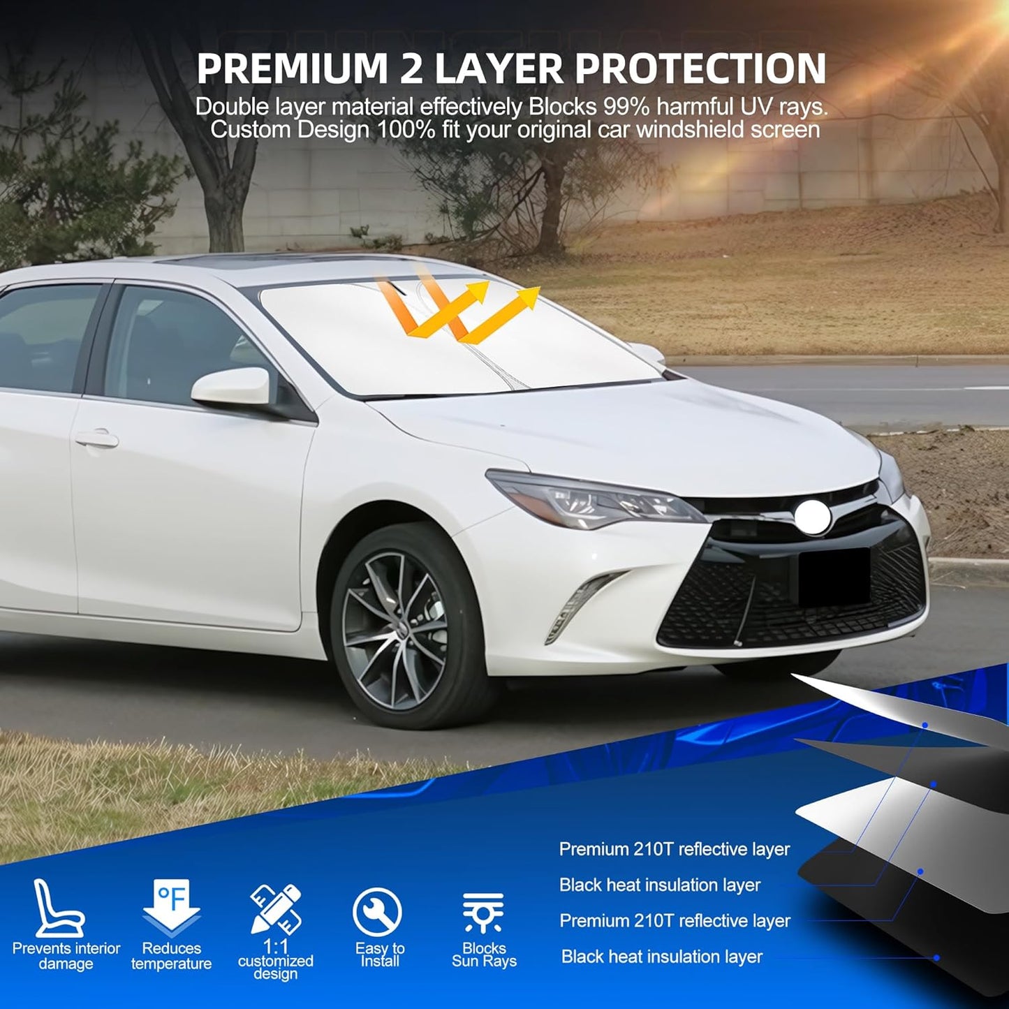 Windshield Sun Shade for Toyo-ta Camry LE XSE XLE Hybrid SE 2012-2017 Foldable Sunshade Custom Fit Front Window Car Interior Accessories Protector Blocks UV Rays