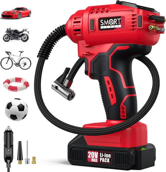 SMART JERRY - Car Tire Inflator Portable Air Compressor | 20V/12V Dual-Power Cordless Air Pump with 150 PSI Max Pressure & Smart Auto-Stop | Fast Inflation for Cars, Motorcycles, Bikes, Sports Balls