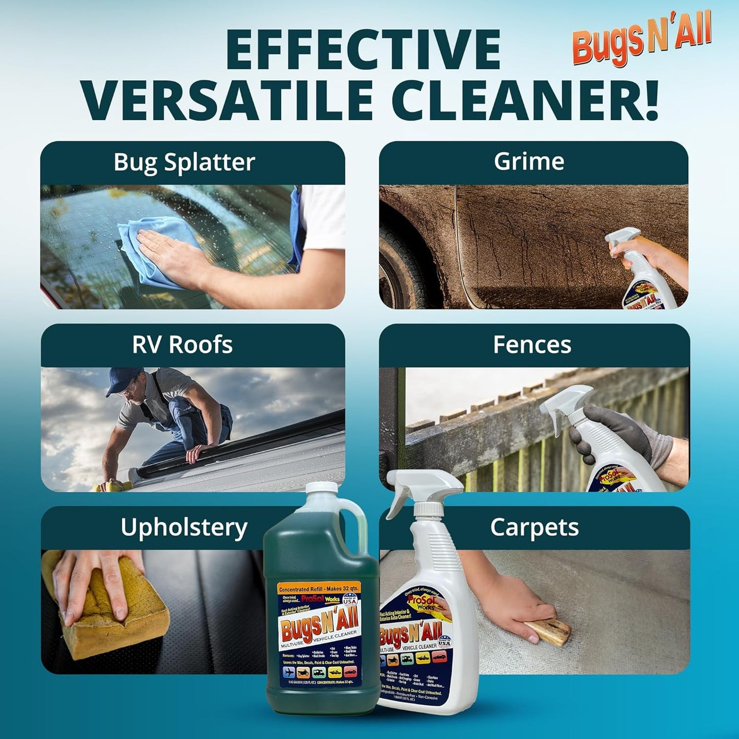 Bugs N’ All Multipurpose Car Cleaner & Degreaser - Bug & Tar Remover Concentrate 1 Gallon - Exterior Cleaner Safe for Car Paint, Metal, Chrome, Aluminum, Windows & Mirrors - w/Free 32 oz Spray Bottle