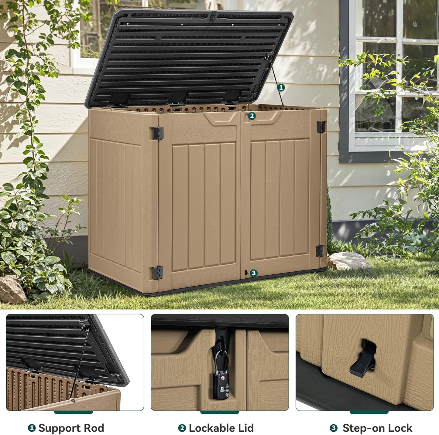 YITAHOME Extra Large Outdoor Horizontal Storage Shed, 4.5x4ft Resin Tool Sheds w/o Shelf, Easy to Assemble Waterproof Storage for Trash Cans, Garden Tools, Lawn Mower, Lockable, Brown