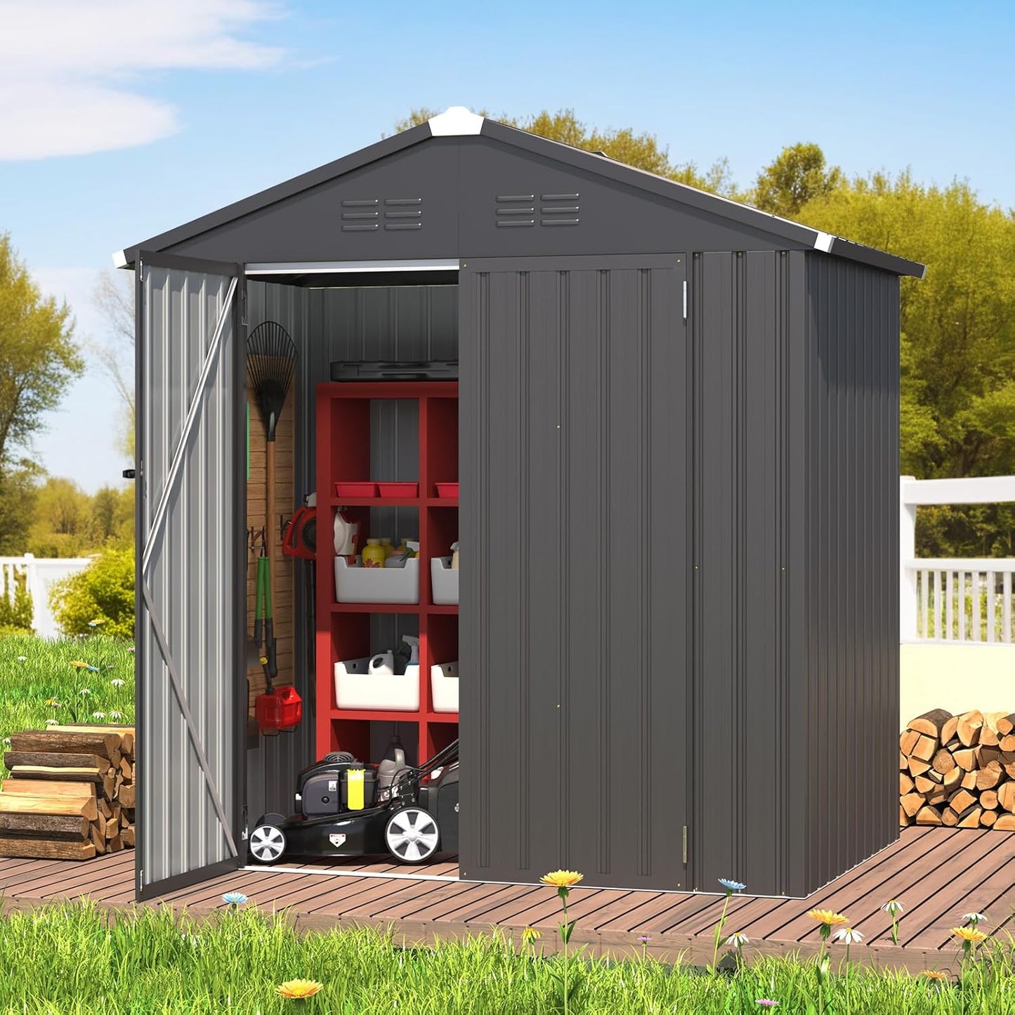 AECOJOY Shed 6' x 4' Storage Shed, Dark Grey Metal Sheds & Outdoor Storage Clearance, Utility and Tool Garden Shed with Lockable Doors for Backyard, Patio, Outside Use