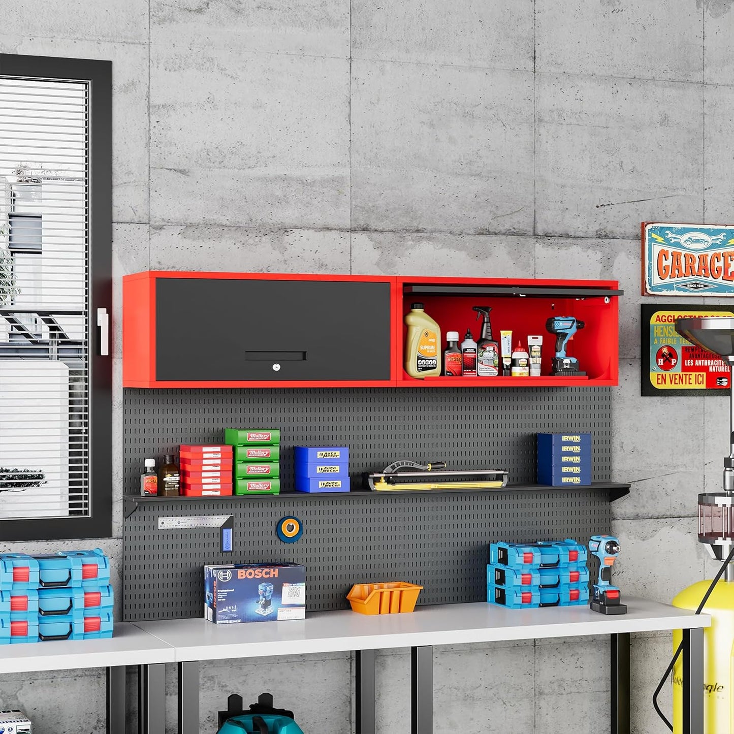 Metal Storage Cabinet Black&Red Wall Cabinets with Locking Door - Wall Mounted Storage Cabinet for Garage Warehouse Home Office - Assembly Required