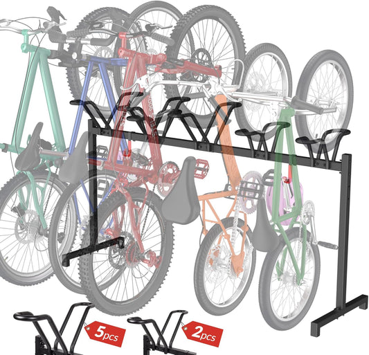 5 Bikes Floor Stand, Adjustable Bicycle Parking Rack with Hook for Garage, Indoor, Outdoor, Free Combination Bike Storage Cycle Rack for Mountain, Road and Kids Bikes, Max Tire Width 2.5”