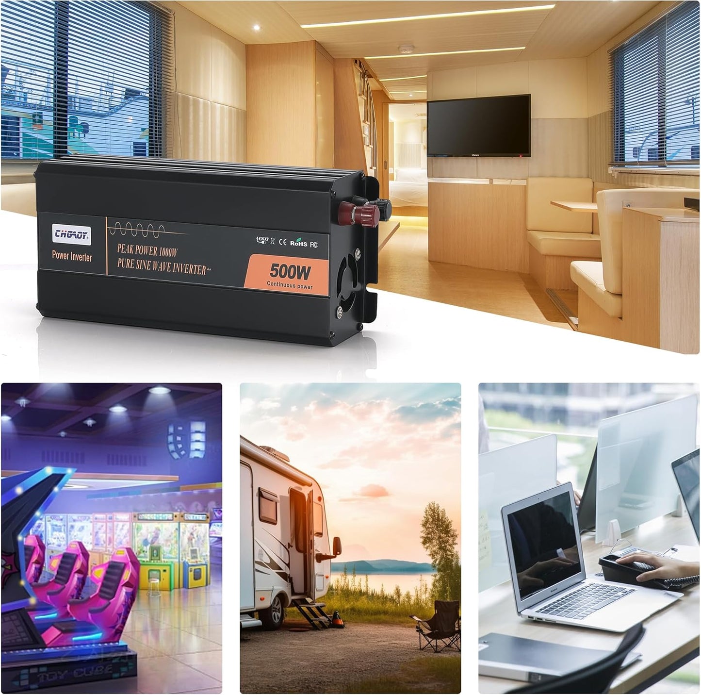 500W Pure Sine Wave Inverter 12V DC to 120V AC Converter for Home, RV, Truck, Off-Grid Solar Power Inverter with Built-in 5V/2.1A USB, Reliable Cable, Remote Controller