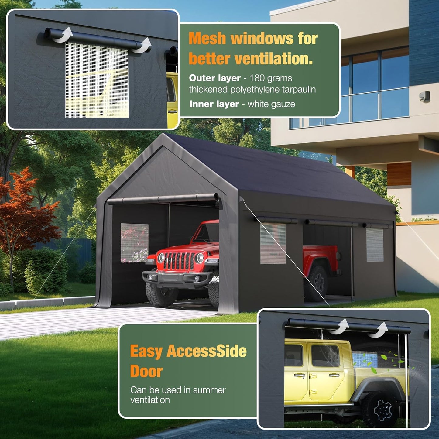 Polar Aurora Carport, 12x20 FT Heavy Duty Carport with Side-Opening Door & Roll-Up Windows, Car Port Canopy, Outdoor Portable Garage for Car, Truck, Boat, Motorcycle