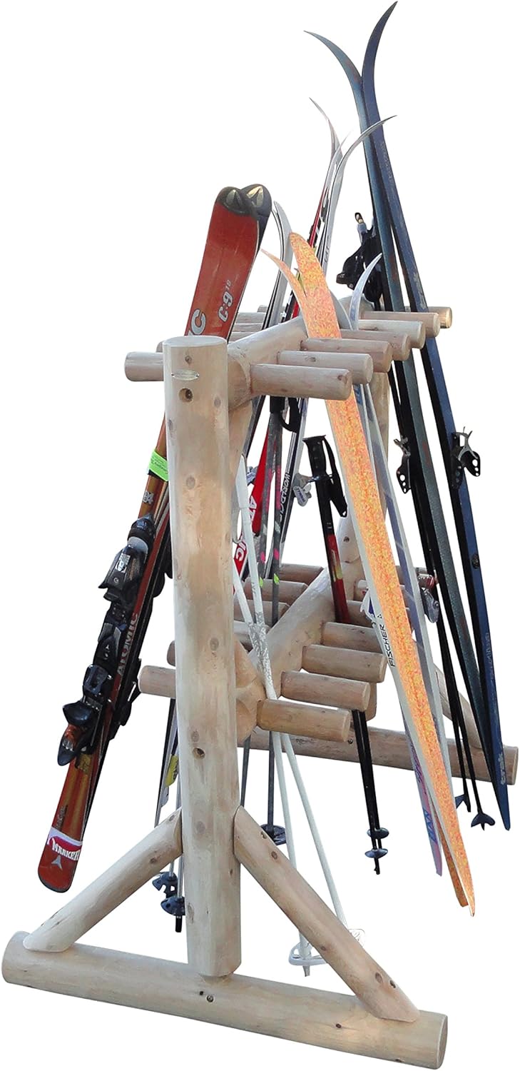 17-Place Freestanding Log Ski Rack Holder, Indoor & Outdoor Snowboard Racks, Standing Storage, Garage Racks for Snow Skis, Durable Snowboard Rack Garage Storage Organizer - Natural + 15" Anchor Kit