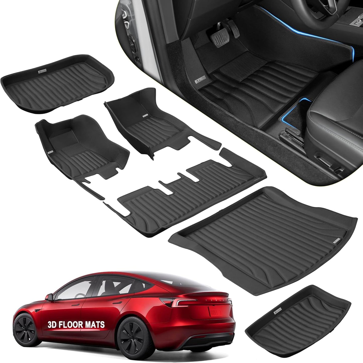 Extreme Coverage Tesla Model 3 Floor Mats 2025 2024 Premium Design Custom Fit 100% Eco-Friendly -All Weather 3D Floor Mats for Tesla Model 3 Highland Cargo Liner Trunk Accessories 6pcs