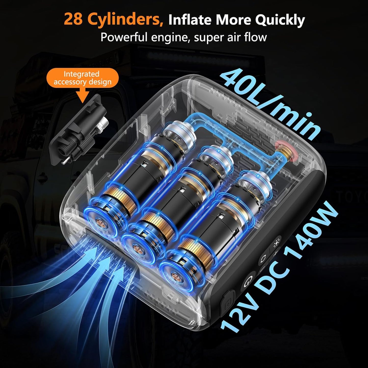 Tire Inflator Portable Air Compressor, 28 Cylinders 12V Air Compressor, 140W Auto Shut-Off with LED Light 150psi Pump, Portable Air Compressor for Car Tires, Bicycle, Moto, Ball etc.