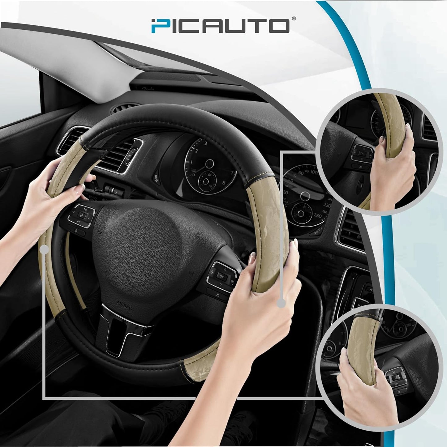 PIC AUTO Steering Wheel Cover, Silk Grain Leather Car Steering Wheel Protector, Comfortable Grip, Universal 14.5-15.5 Inch Anti-Slip Steering Wheels Accessories for Men & Women (Beige)