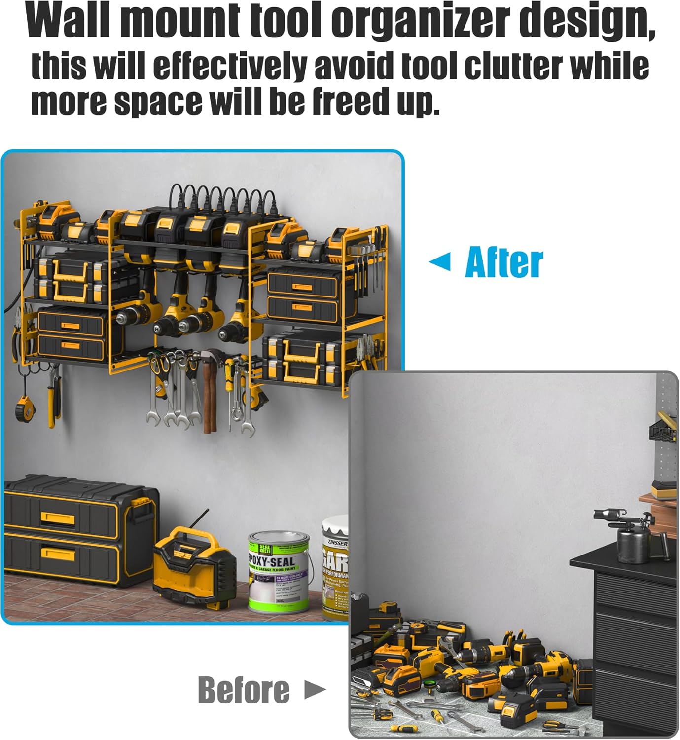 CCCEI Yellow Power Tool Organizer Wall Mount, Large Tools and Battery Storage Rack Charging Station Individual Switches. Drills Holder, Garage Utility Shelves with 6FT Power Strip. Gift for Men.