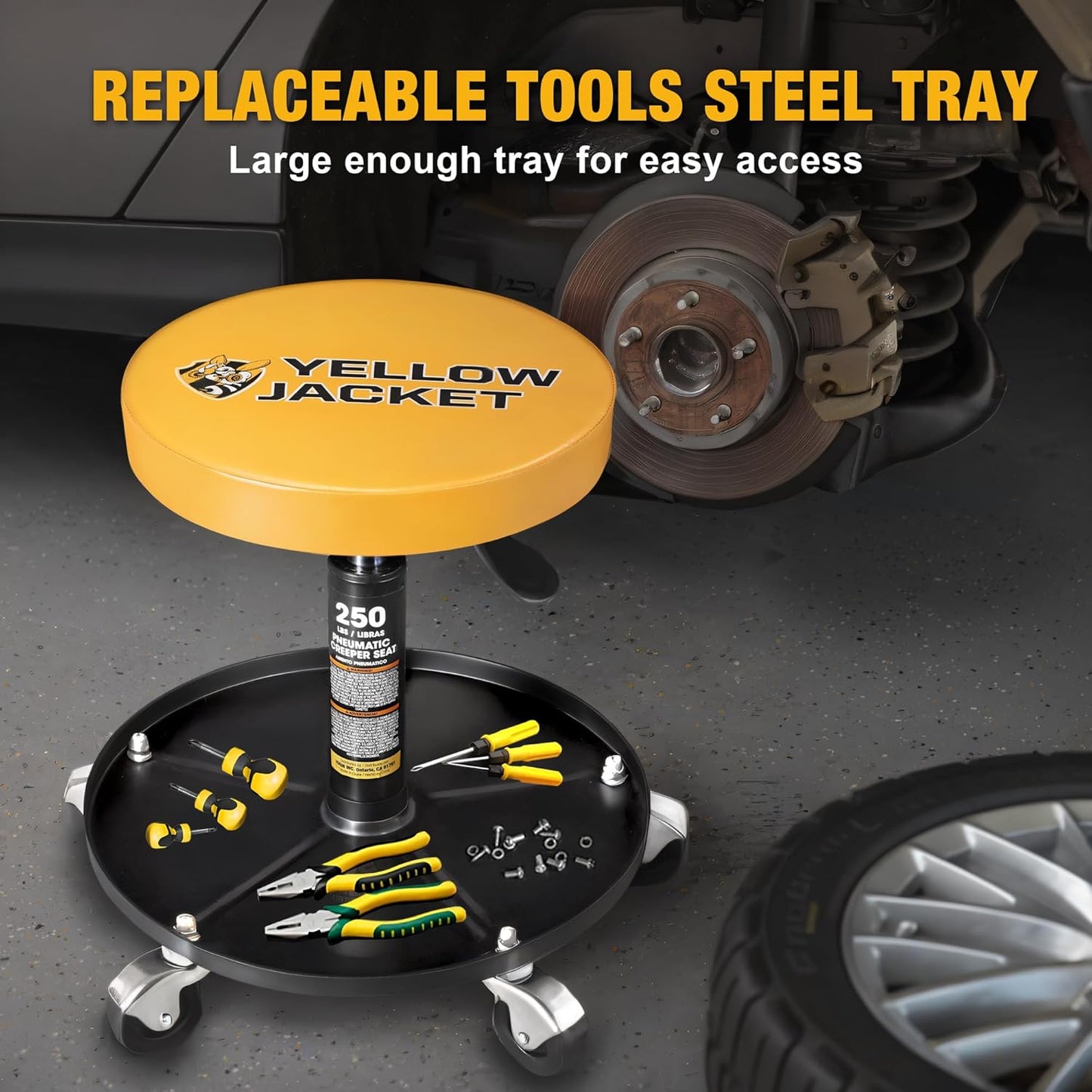 YELLOW JACKET Rolling Mechanic Stool with Wheels Pneumatic Garage Shop Seat Adjustable Height Roller Mechanics Creeper Chair with Tool Tray for Auto Repair