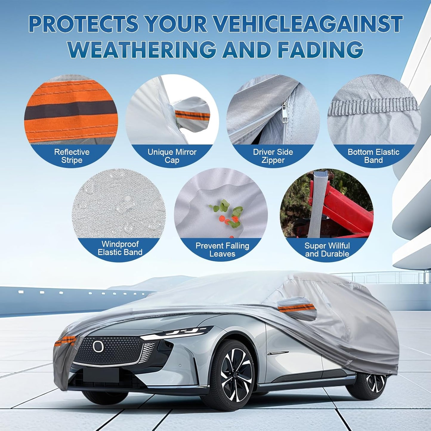 KEYOOG Car Cover, Fit for 178"-189" Length Sedan, 6-Layer All-Weather Waterproof, Universal in All Seasons, Snow Prevention, Rainproof, Acid Rainproof, Sunscreen, Orange Reflective Strip