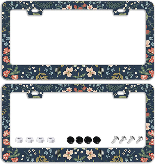 Colorful Floral Flowers License Plate Frames - 2 Pcs Set 2 Holes Stainless Steel Metal Auto Car Accessories Decoration License Plate Frame Cover Size 6.3" x 12.2" Fit US Vehicles for Women Men Gift