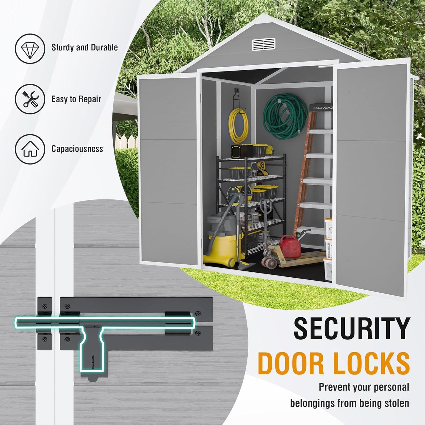 6x5 FT Outdoor Storage Resin Shed with Floor, Waterproof Plastic Garden Tool Shed with Windows, Vents & Lockable Door and Sloped Roof, Easy to Assemble Bike Shed for Patio, Backyard, Lawn, Grey