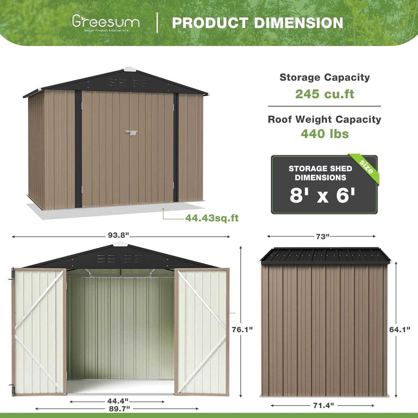 Greesum Outdoor Storage Shed 6 x 8 ft. Utility Tool Shed Metal Storage Garden Shed with Door & Lock for Patio Storage, Brown