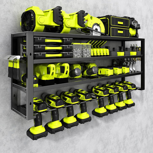 Large Power Tool Organizer Wall Mount,4 Layers 8 Drill Holder Heavy Duty Metal Cordless Tool Storage Loads 420lbs with Screwdriver Holder,Utility Racks for Garage, Workshop, Pegboard, Shed - 32 Inch