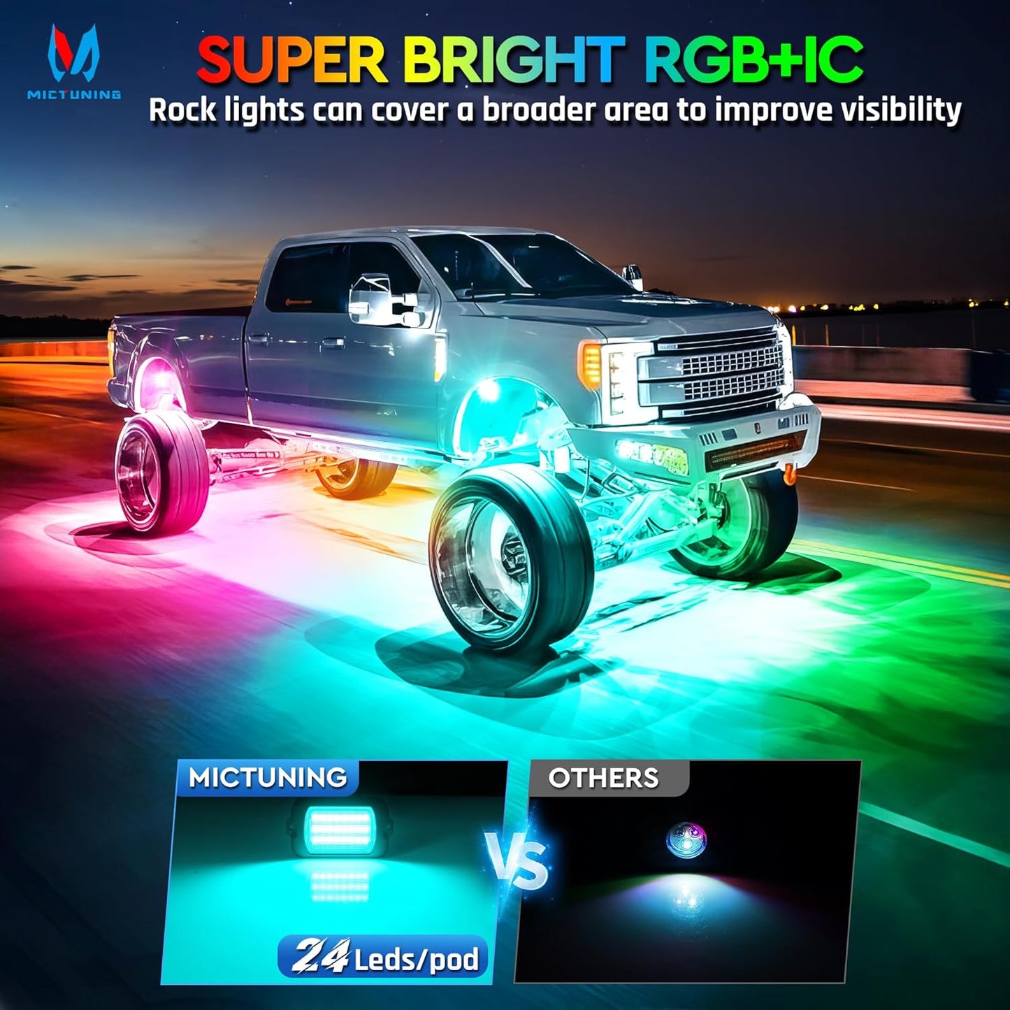 MICTUNING 2025 1000% Bright Q1 MAX RGB+IC Rock Lights, 2 Pods Chasing Dreamcolor Extensible Underglow Multicolor Neon Light Underbody Lighting Kit for Truck ATV UTV Boat (No Controller)