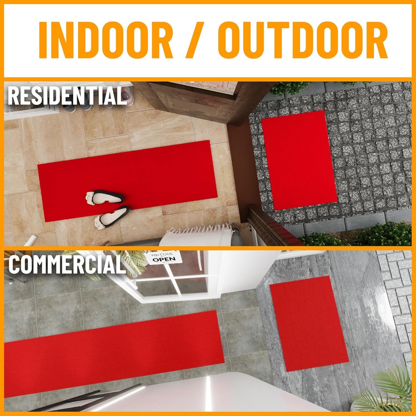 Ottomanson 2' x 21' Hallway Runner with Scraper Pile - Extra Durable Non-Slip Rug Mat for Indoor & Outdoor Use - Ideal for Kitchen, Entryway, Patio & Garage - High-Traffic Carpet, Red