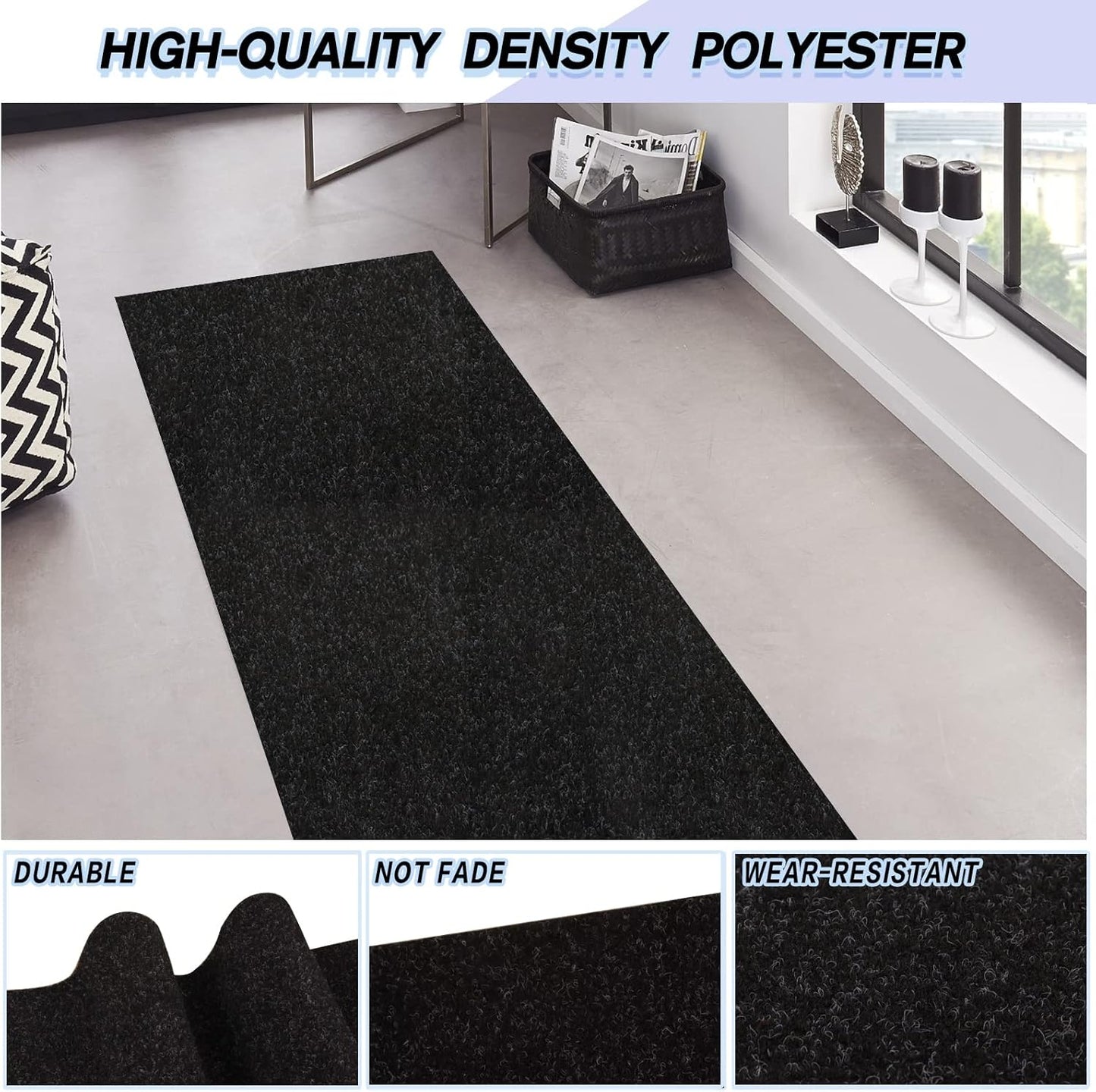 Custom Size Backed Non-Slip Area Rugs Runner, Easy Clean, Waterproof Runner Rugs for Hallway Entryway, Kitchen, Laundry, 4FT x 30FT, Black