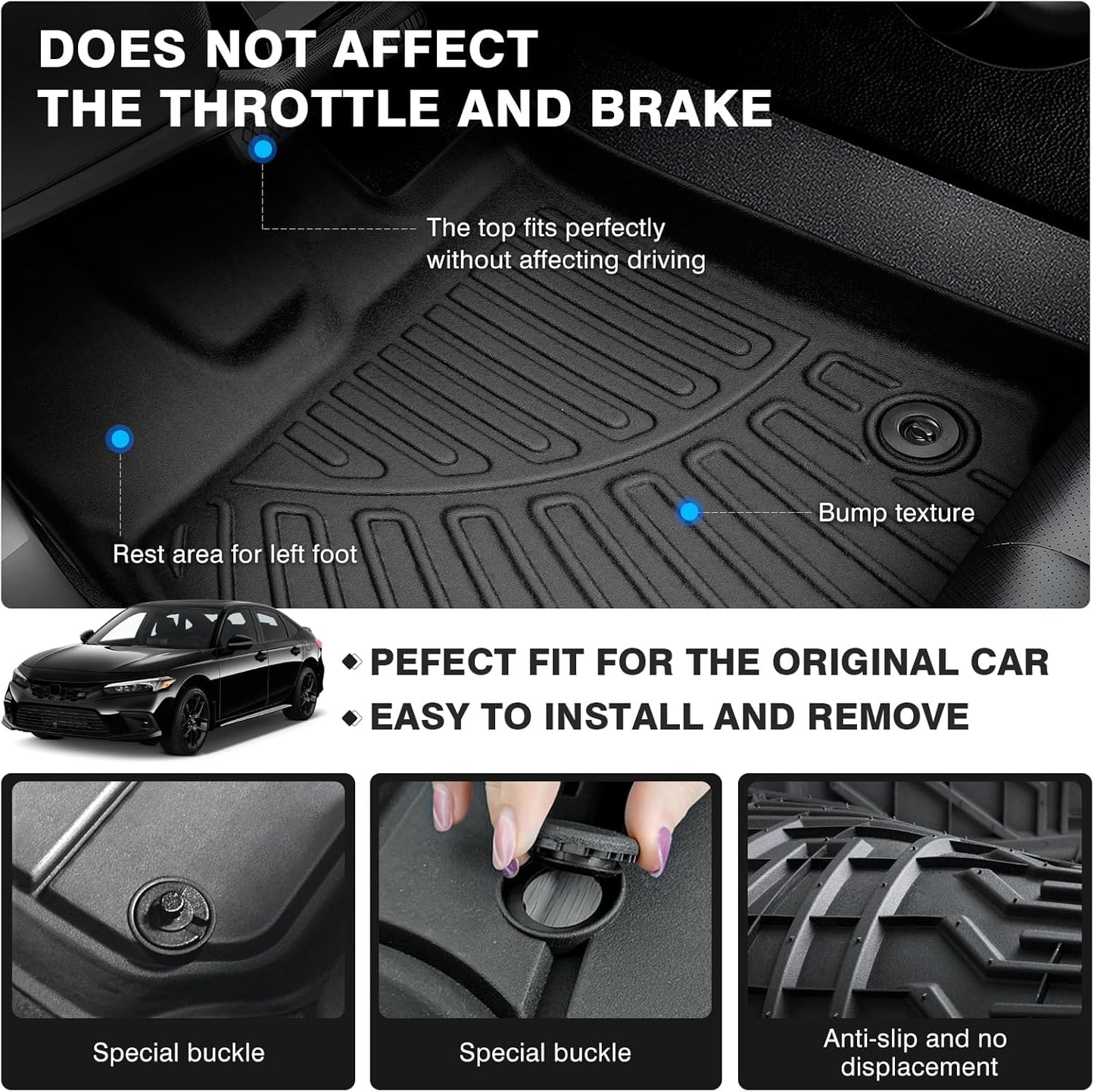 Powerty Floor Mats for 2022-2025 Honda Civic/2023-2025 Acura Integra Accessories All Weather Floor Liner 3D TPE 1st & 2nd Row Floor Mat Heavy-Duty Floor Liners