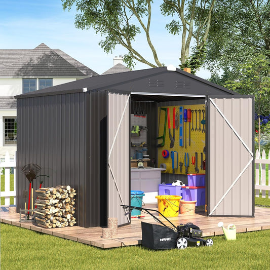 AECOJOY Shed 8' x 6' Metal Storage Shed for Outdoor, Dark Grey Steel Backyard Shed (53 Sq.Ft Land) with Design of Lockable Doors, Utility and Tool Storage for Garden, Backyard, Patio, Outside use