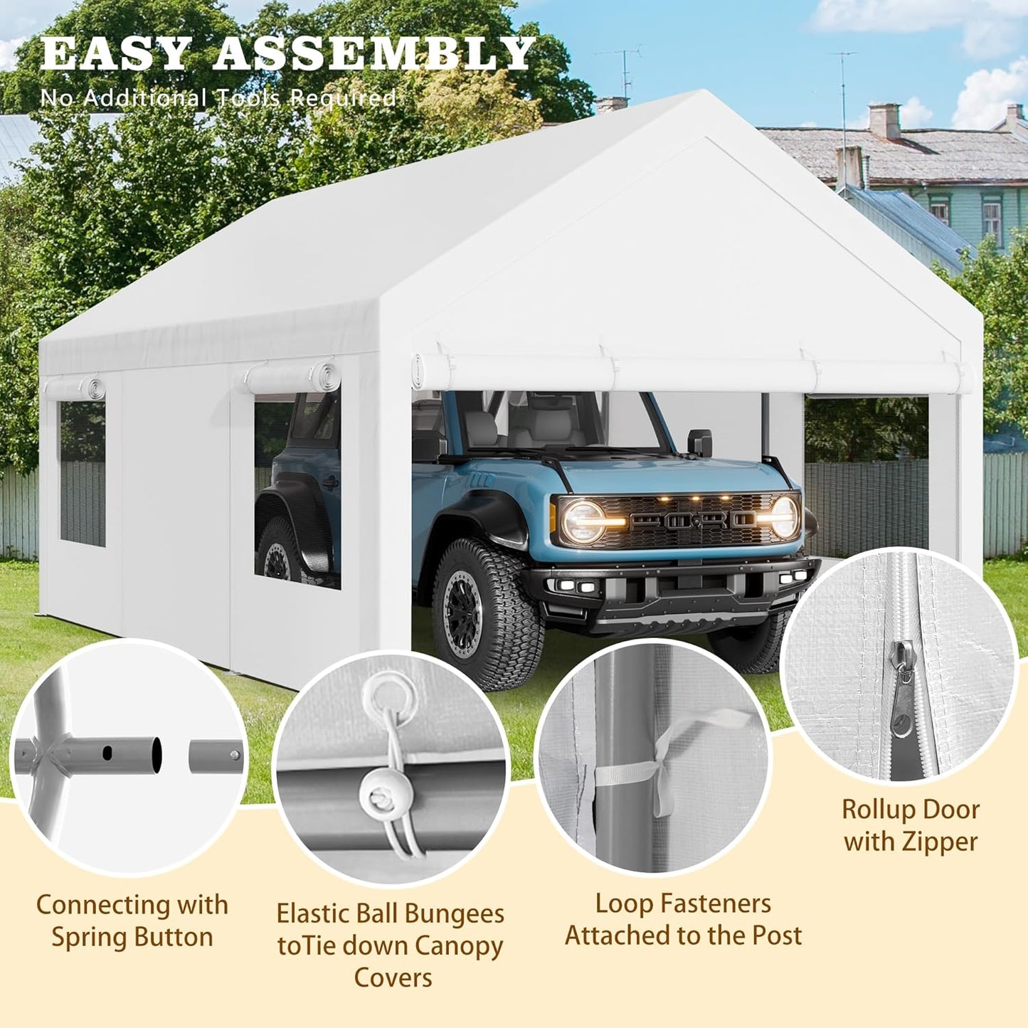 Walsunny Carport, 12x20ft Heavy Duty Carport Canopy with Roll-up Windows, Portable Garage with Removable Sidewalls & Doors, Car Canopy with All-Season Tarp for Car, Truck, Boat
