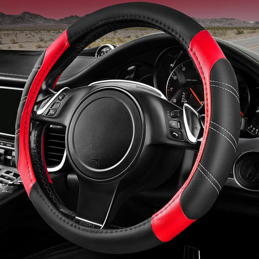 CAR PASS Line Rider Microfiber Leather Sporty Steering Wheel Cover Universal Fits for 95% Truck,SUV,Cars,14.5-15inch Anti-Slip Safety Comfortable Desgin (Black-Red)