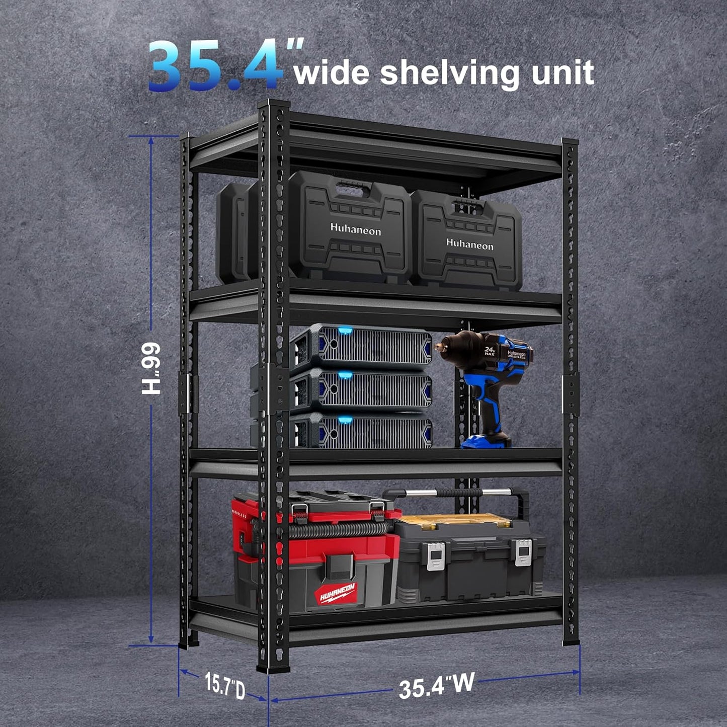 Adjustable Garage Storage Shelves, 35.4''W Garage Shelving Heavy Duty Loads 1280LBS, Metal Industrial Utility Shelf for Warehouse, Kitchen, Laundry Room,35.4" W x 15.7" D x 66" H,Black