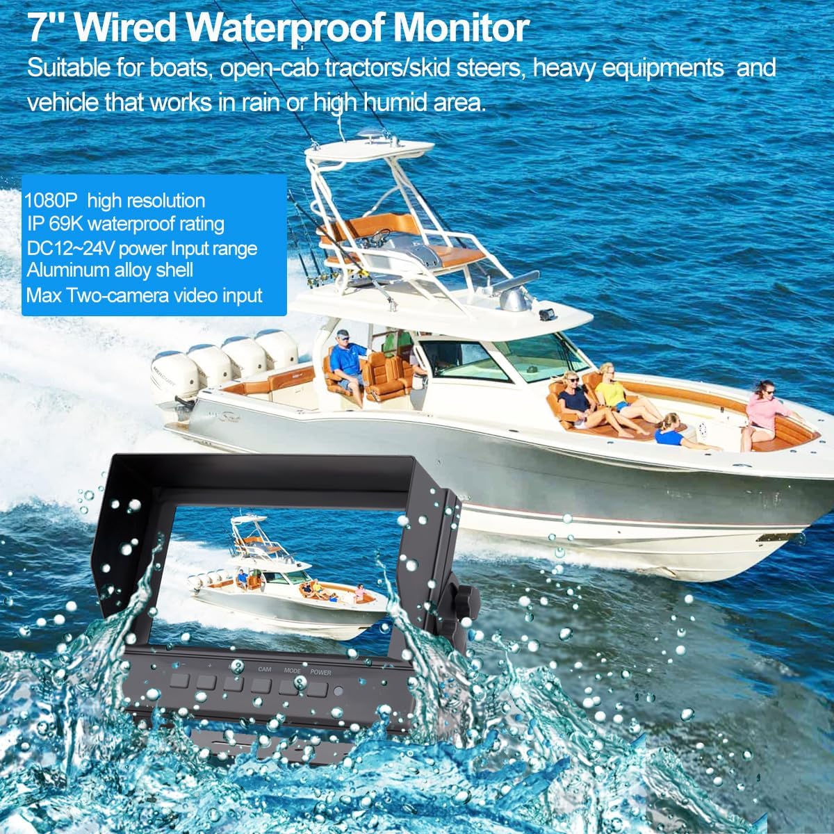 7" 1080P AHD Wired Reverse Rear View Backup Two-Camera System,Guide line, IP69K Waterproof Monitor& Camera, Night Vision, Vibration-proof 10G for Tractor/Truck/Excavator/Van/Skid Steer/Heavy Equipment