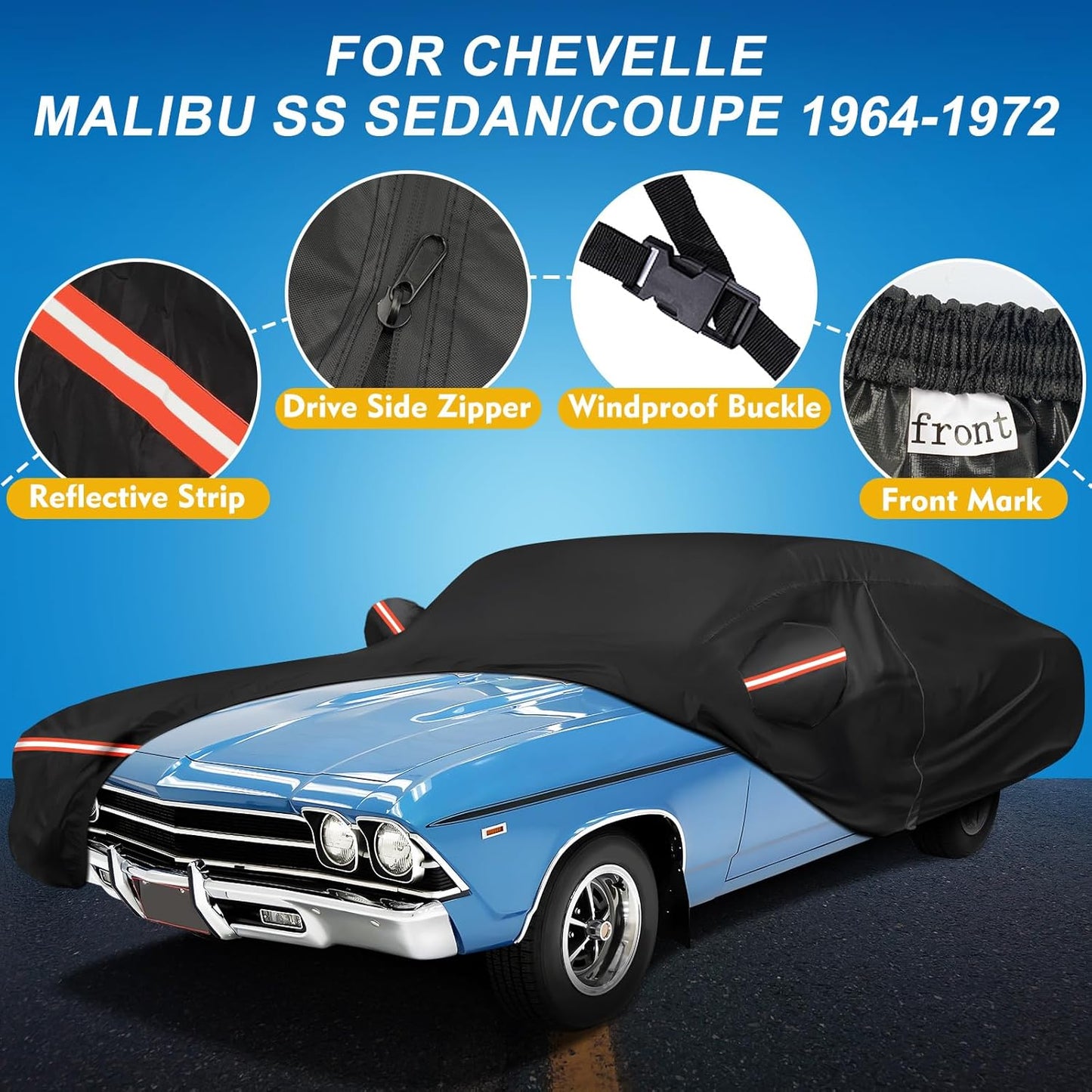 QUNSUNUS Waterproof Car Cover for Chevelle Malibu SS Sedan/Coupe 1964-1972, Outdoor Car Cover with Zipper, Full Exterior Car Covers for Automobiles All Weather with Wind, Sun, UV and Dust Protection