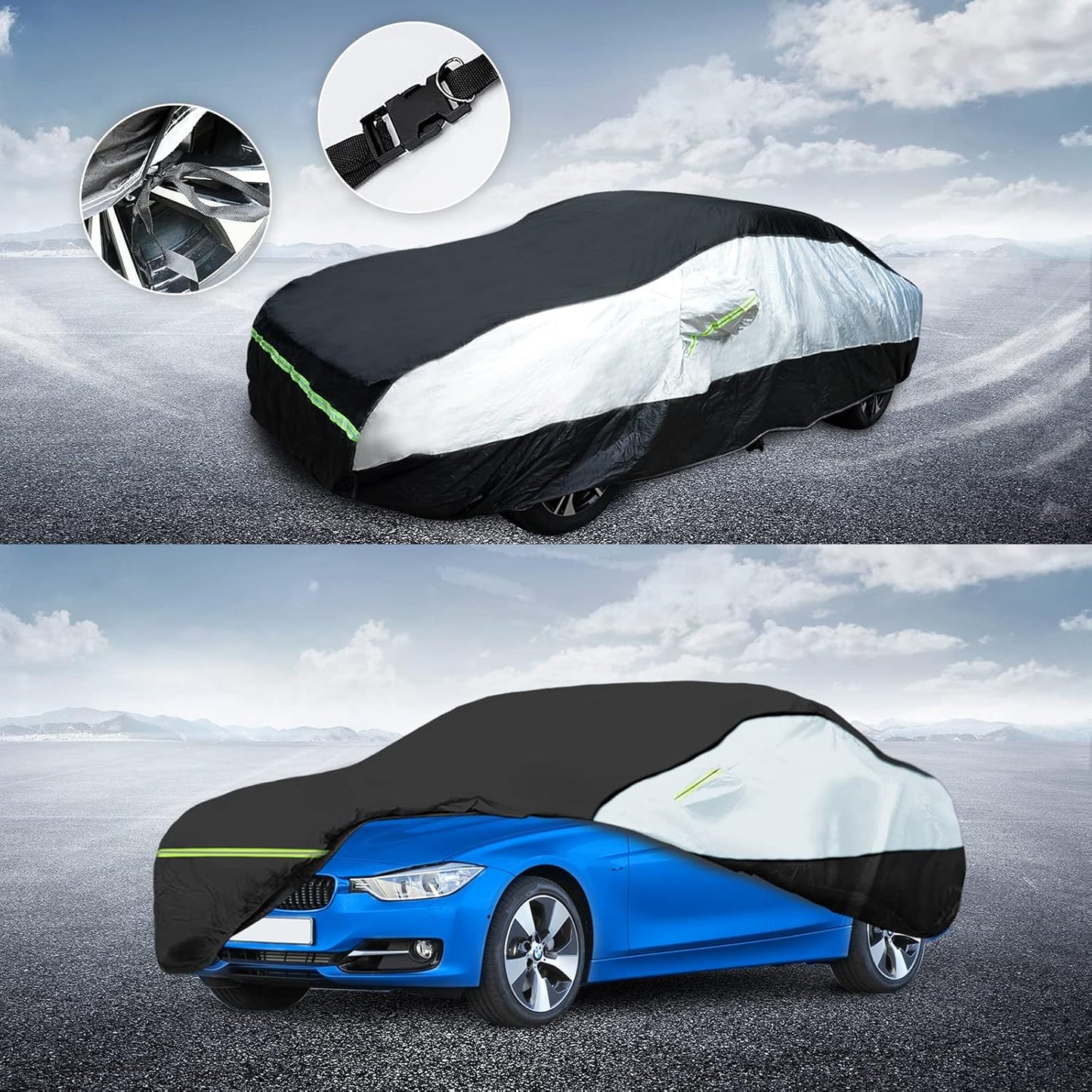 Universal Sedan Car Cover Fit for Mercedes-Benz C-Class, BMW 3 Series, Audi A3,Waterproof All Weather Heavy Duty Anti-UV Windproof Snow Protection - 177''~185''(L)