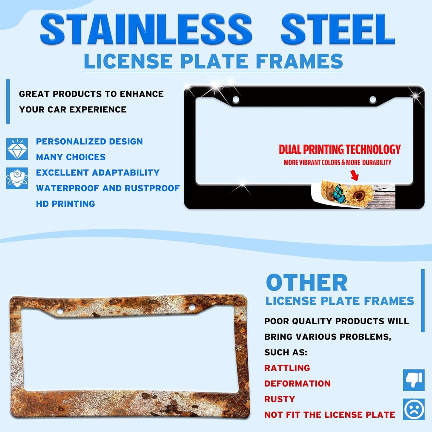 Red and Blue Flames License Plate Frame Abstract Fire License Plate Holder for Front or Rear Car Tags Stainless Steel Funny Car Decoration with Screws 6.3 X 12.2 in